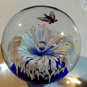 Butterfly & Bloomed Flower Glass Paperweight Hand Blown